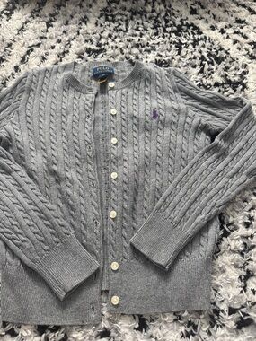 Polo by Ralph Lauren Light Gray Cable-Knit Button Cardigan with Purple Pony